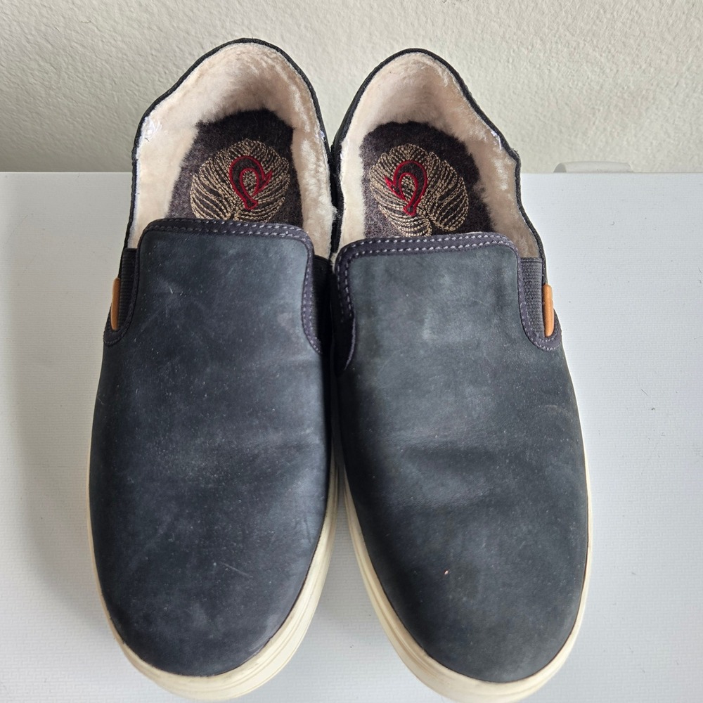 Olukai Pehuea Heu Black Leather Shearling Lined Slip On Sneakers Womens 8 20391 - Picture 3 of 11